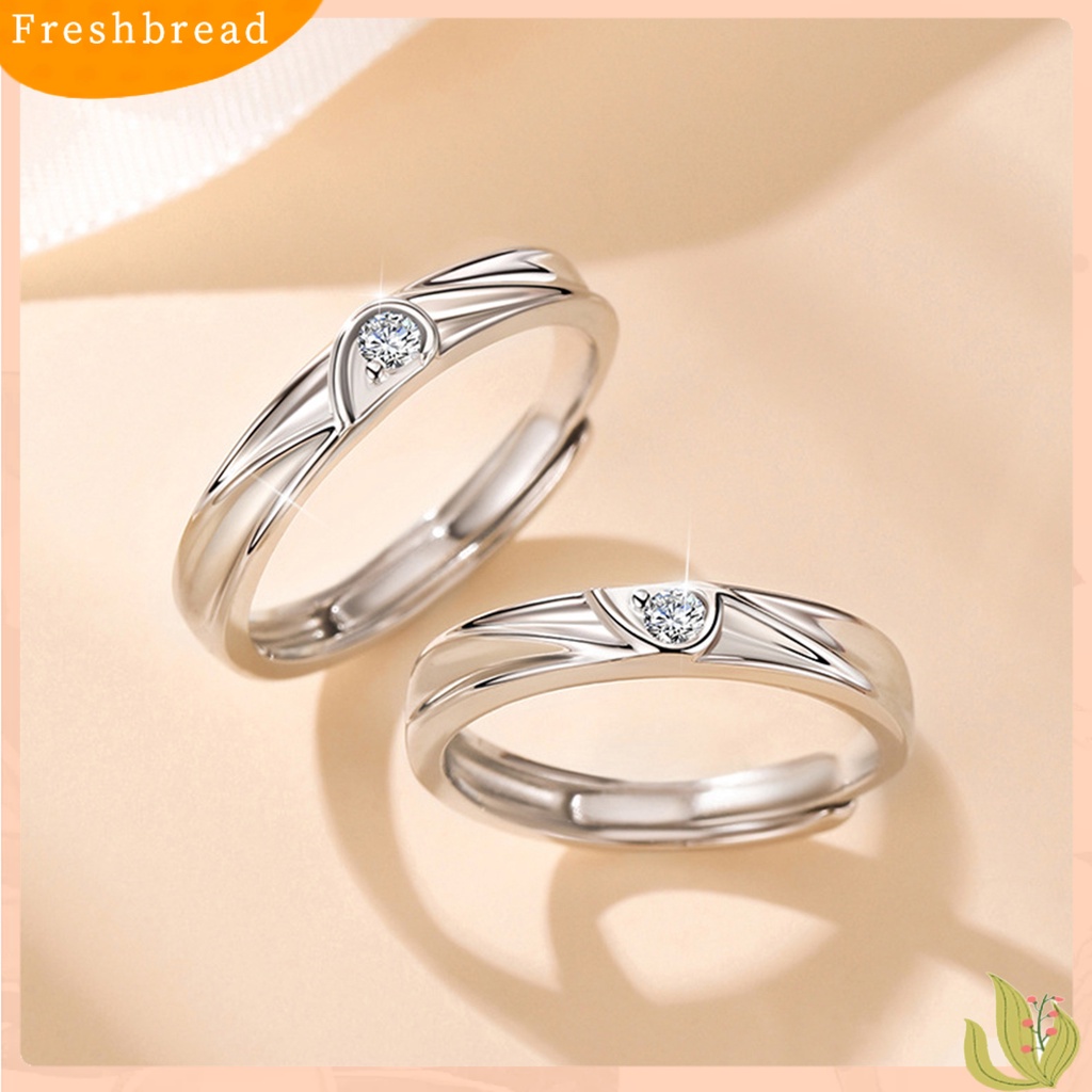 < Freshbread > Pasangan Cincin Pembukaan Elegan Dapat Disesuaikan Warna Perak Berlian Imitasi Tertanam Cinta Hati Jari Cincin Perhiasan Fashion