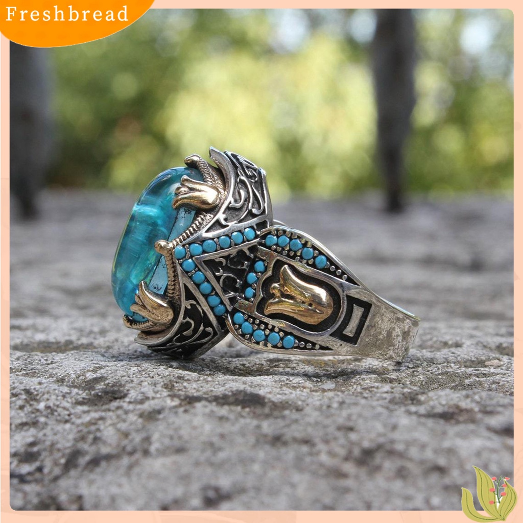 &lt; Freshbread &gt; Cincin Laki-Laki Gaya Eropa Dan Amerika Kepribadian Tangan Ukiran Vintage Hias Batu Biru Cincin Pernikahan Aksesori Perhiasan