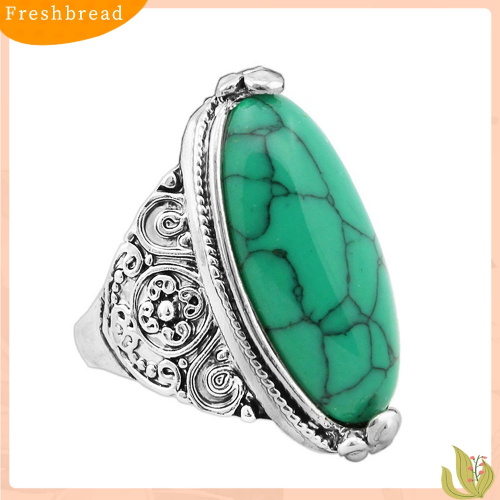 &lt; Freshbread &gt; Wanita Boho Vintage Oval Pirus Antik Perak Disepuh Ukir Cincin Perhiasan