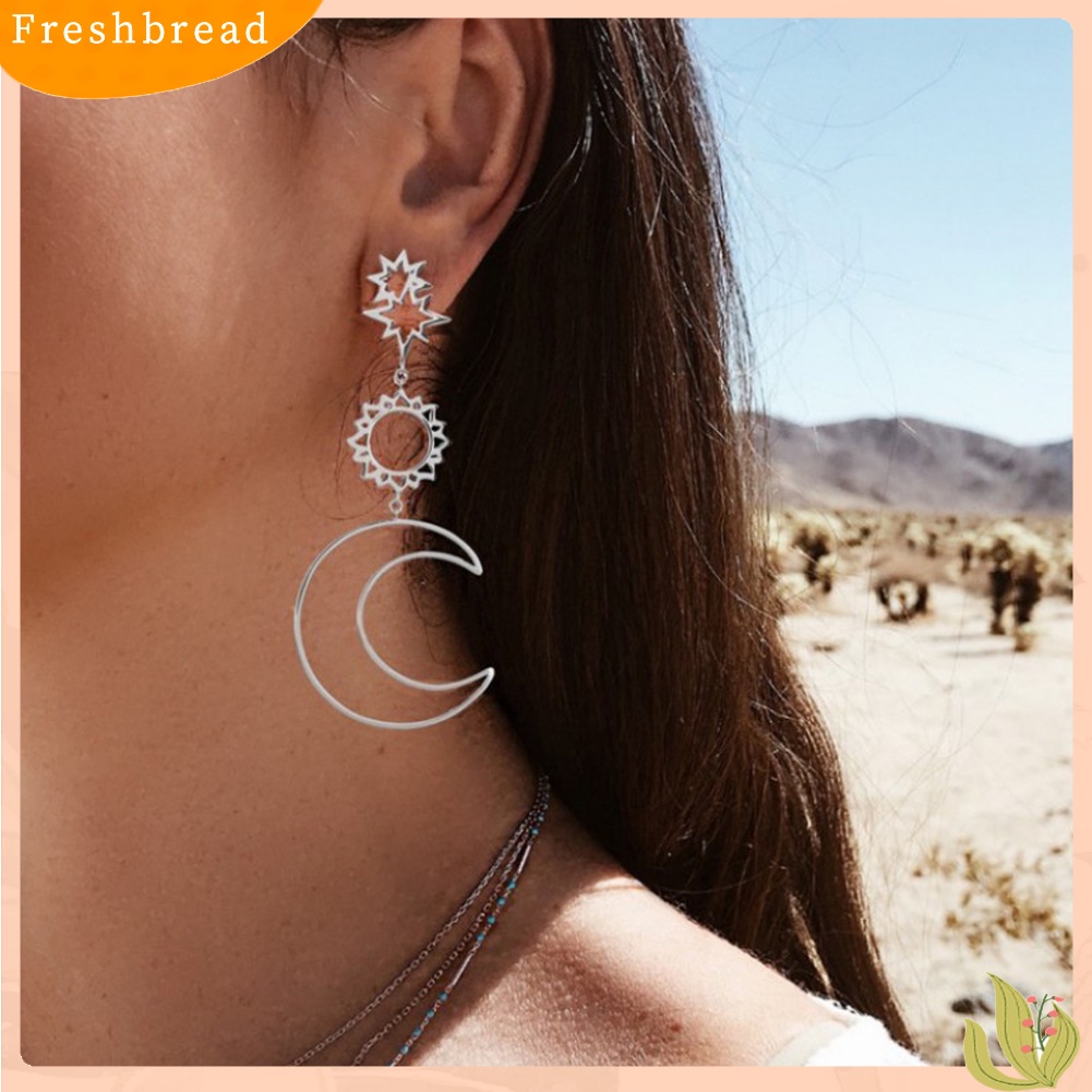 &lt; Freshbread &gt; Boho Wanita Berongga Bulan Bintang Matahari Menjuntai Asimetris Stud Earrings Perhiasan Hadiah