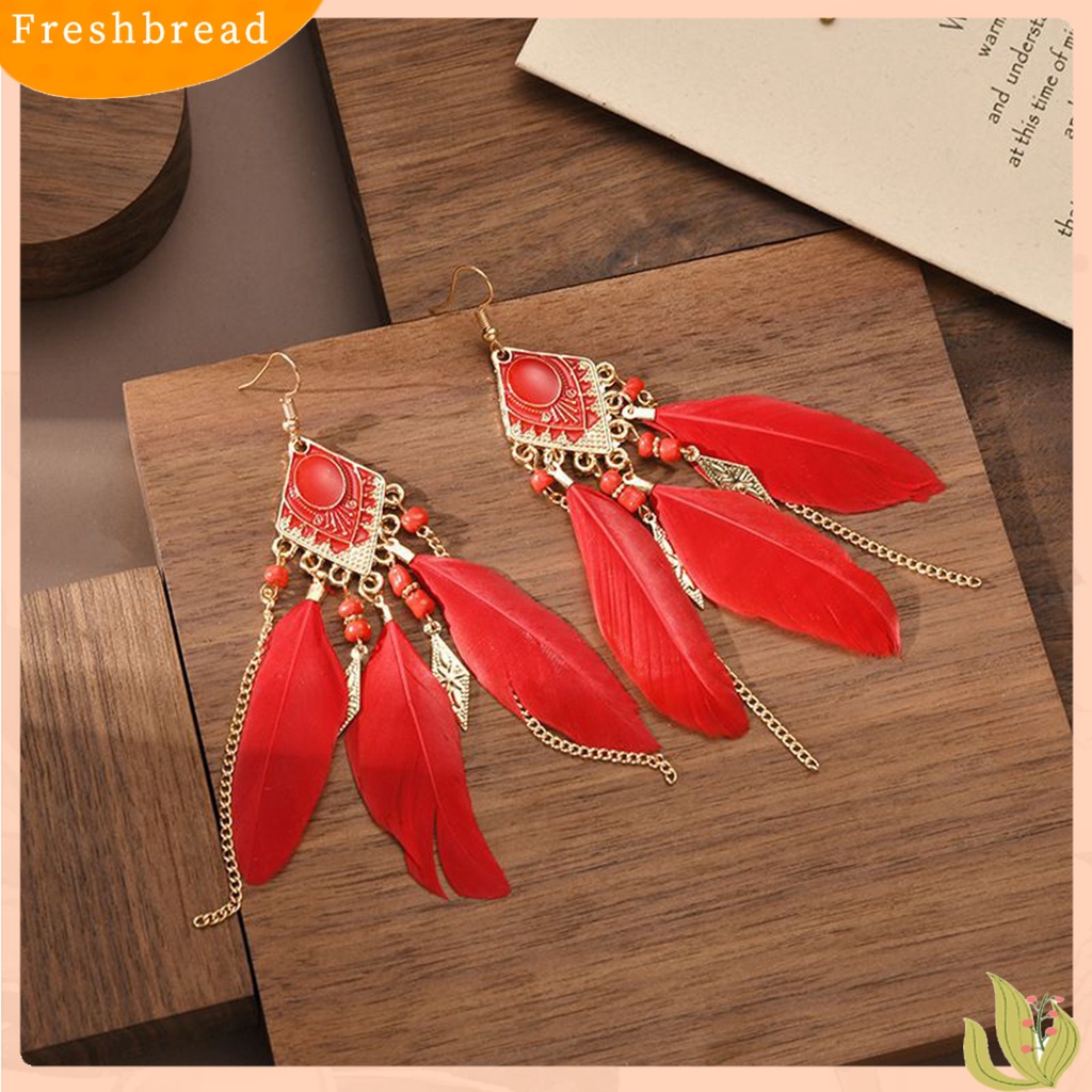 &lt; Freshbread &gt; 1pasang Anting Kait Bohemian Tetes Minyak Geometris Persegi Panjang Liontin Temperamen Dekorasi Elegan Bulu Buatan Rumbai Menjuntai Anting Aksesoris Kostum