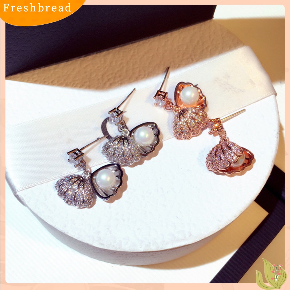 &lt; Freshbread &gt; Fashion Wanita Mutiara Imitasi Shell Liontin Stud Eardrop Anting Perhiasan Perjamuan