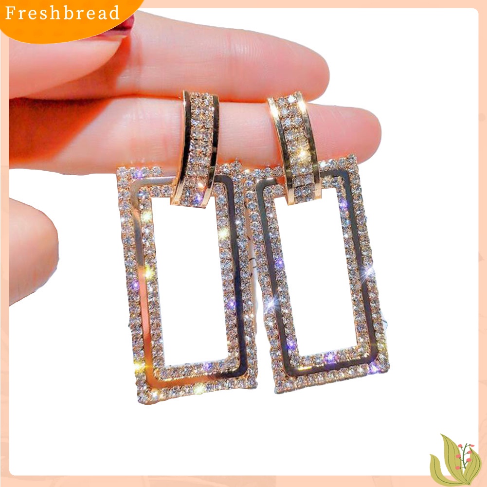 < Freshbread > Wanita Berlian Imitasi Bertatahkan Berongga Persegi Panjang Menjuntai Ear Stud Earrings Perhiasan Hadiah