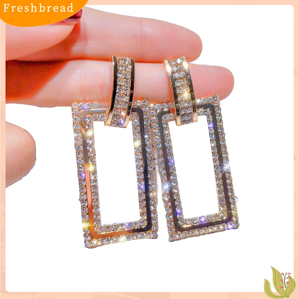 &lt; Freshbread &gt; Wanita Berlian Imitasi Bertatahkan Berongga Persegi Panjang Menjuntai Ear Stud Earrings Perhiasan Hadiah