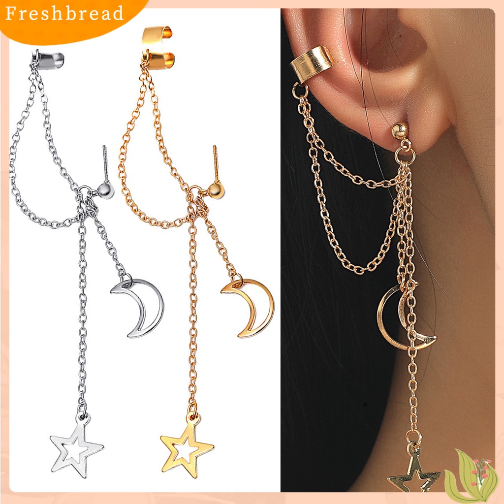 < Freshbread > 1pc Anting Klip Wanita Warna Solid Stainless Gaya Hip Hop Bentuk Bulan Panjang Rumbai Tulang Rawan Earrings Jewelry
