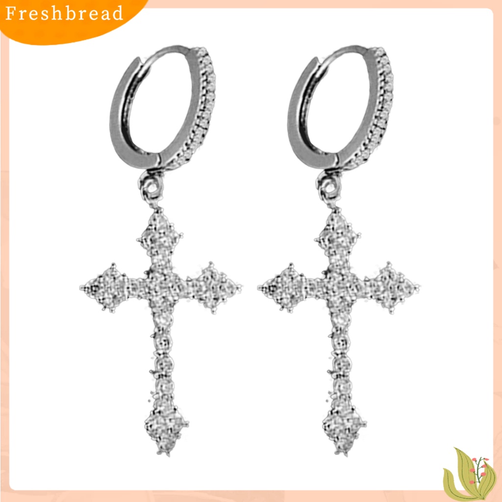 &lt; Freshbread &gt; 1pasang Wanita Menjuntai Anting Besar Lengket Berkilau Cubic Zirconia Bentuk Salib Drop Earrings Hadiah Ulang Tahun