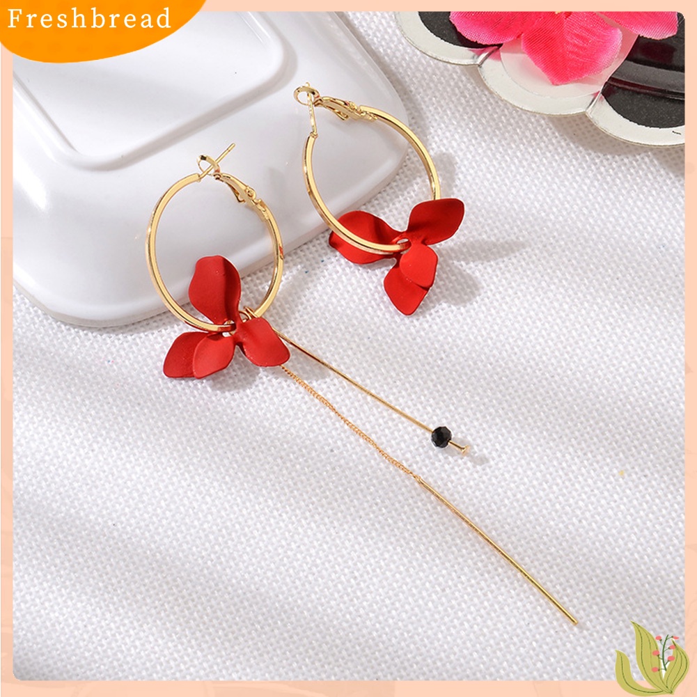 &lt; Freshbread &gt; Fashion Wanita Bunga Daun Asimetris Lingkaran Rantai Panjang Rumbai Hoop Earrings