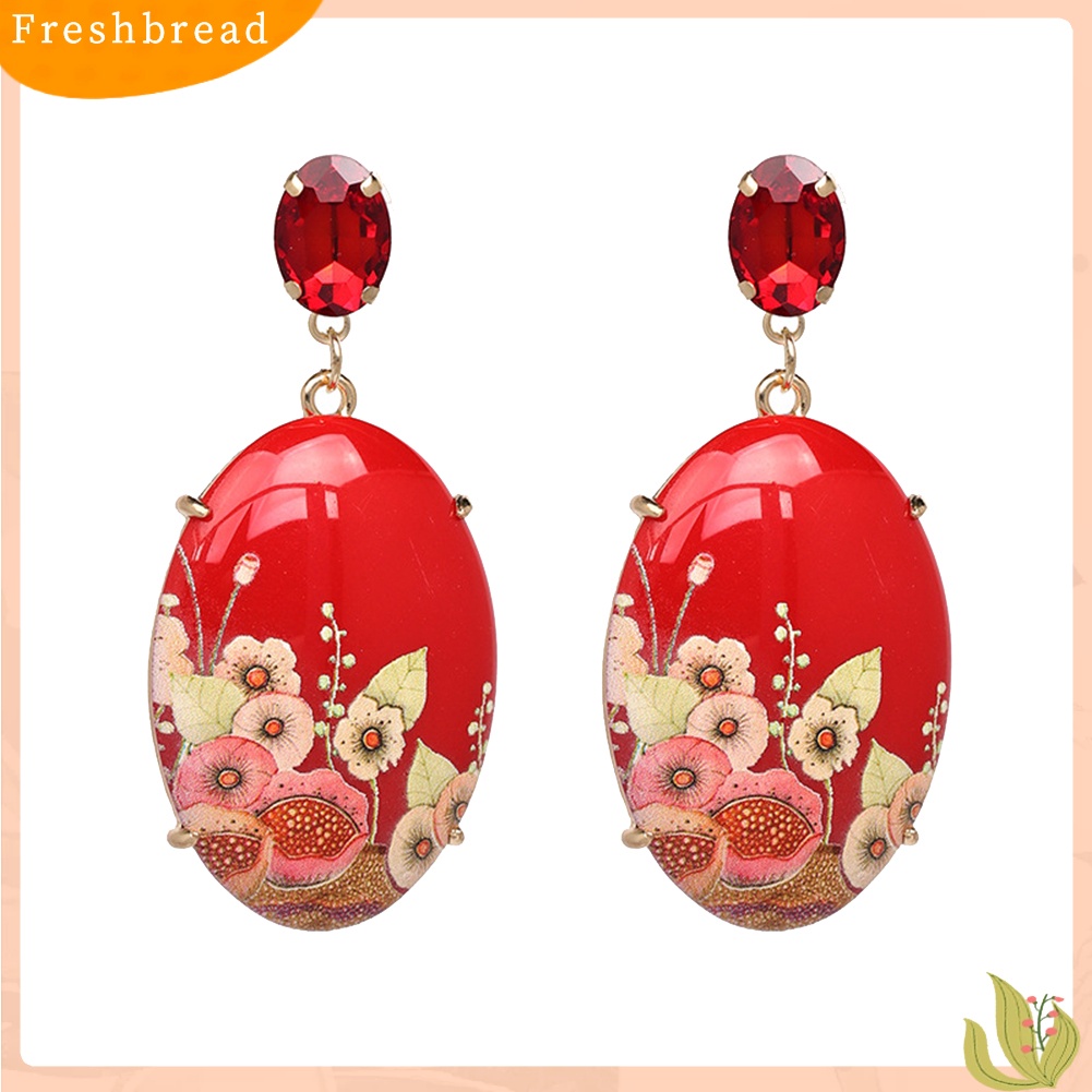 &lt; Freshbread &gt; Wanita Elegan Resin Bentuk Oval Bunga Liontin Anting Berlian Imitasi Bertatahkan Perhiasan