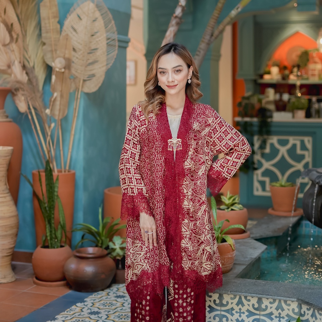 Setelan Pakaian Wanita Baju Outer Batik Set Celana Kulot Viscose Modern Casual Kondangan Pesta Lebar