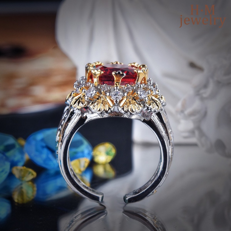 S925 Perak Vintage Brushed Bertekstur Ukir Emas Ruby Cincin Gaya Antik Two-Tone Gold Crowns Ornament