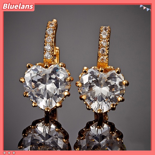 {In Stock} 9K Berlapis Emas Hati Berlian Imitasi Anting Hoop Eardrop Selebriti Perhiasan Wanita