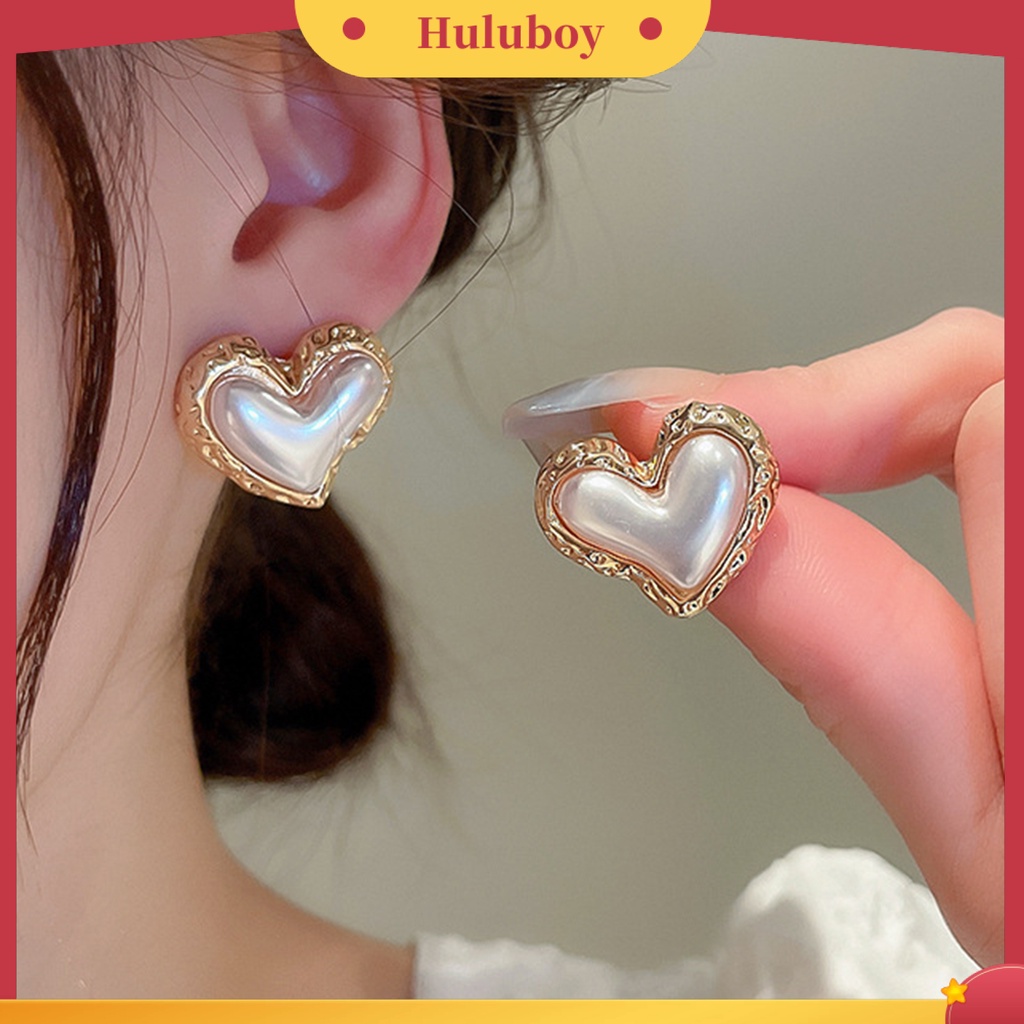 {Ready Stock} Women Ear Studs Gradient Heart-Berbentuk Cahaya Mewah Perak Wanita Kepribadian Fashion Mutiara Imitasi Stud Earrings Pakaian Sehari-Hari