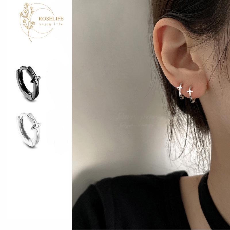 Roselife Unisex Punk S925 Perak Hitam Salib Bintang Hoop Anting-Anting Untuk Wanita Pria Fashion Tindik Tulang Rawan Anting-Anting Chic Telinga Manset Perhiasan Aksesoris 1pasang