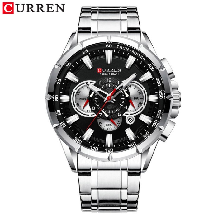 CURREN Jam Tangan Pria Analog Stainless Chronograph Luminous Hand 8363 - Silver Hitam