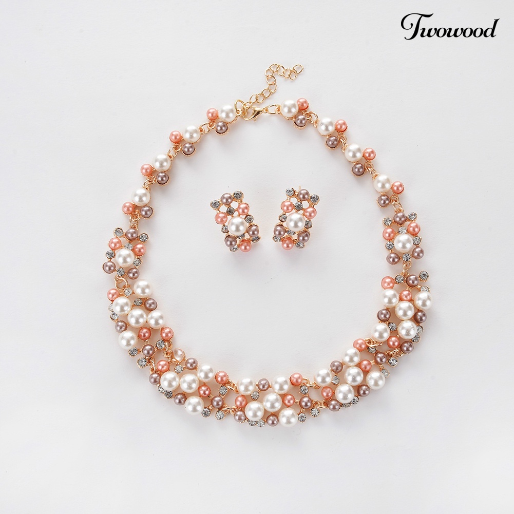 Twowood 2Pcs Wanita Fashion Mutiara Imitasi Hias Berlian Imitasi Kalung Anting Set Perhiasan