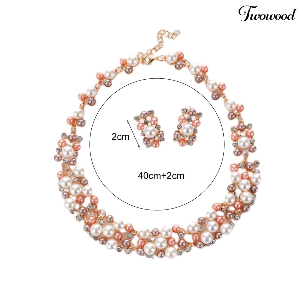 Twowood 2pcs/Set Perhiasan Pernikahan Set Mutiara Imitasi Multi Warna Royal Mewah Permukaan Halus Wanita Kalung Anting Set Perempuan Aksesori