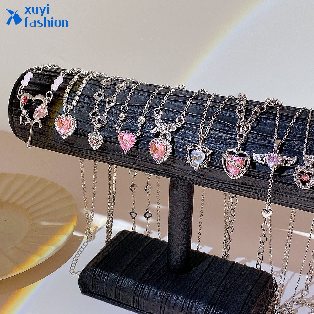 Kalung Anting Liontin Zirkon Kristal Pink Cincin Sweet Cross Heart Chain Choker Untuk Aksesoris Perhiasan Wanita