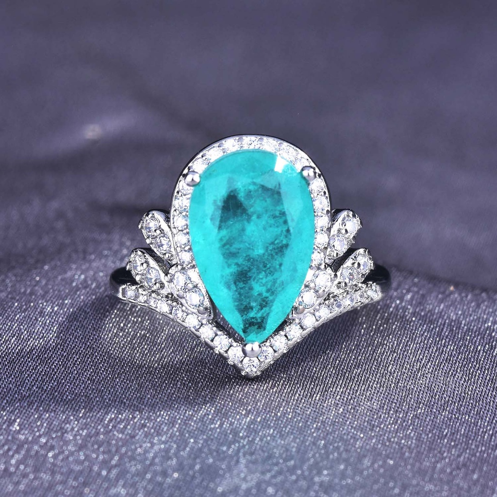 Goldkingdom Aksesoris Perhiasan Fashion Ready Stock Mahkota Mewah Berlian Teardrop Tourmaline Crystal Paraiba Color Jewel Opening Ring