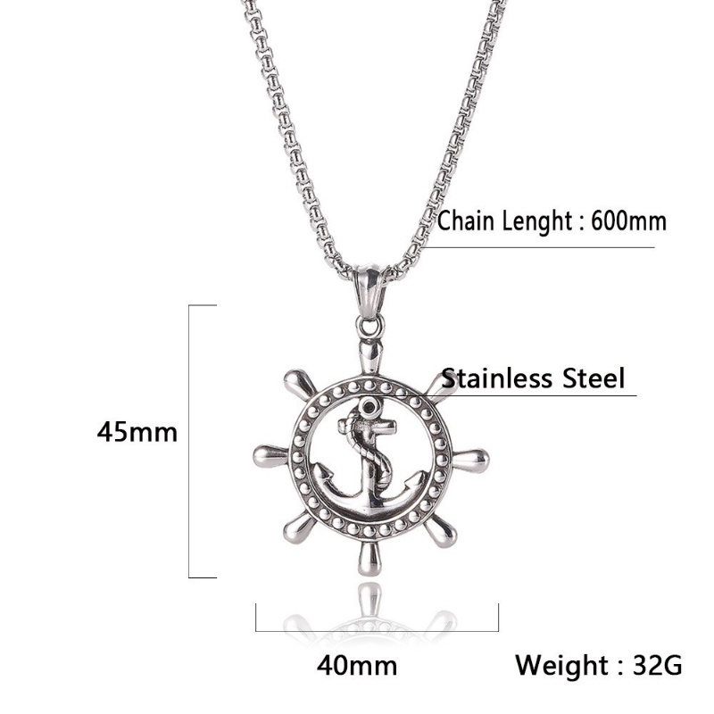[X C Kalung] Baru Silvery Vintage Karibia Bajak Laut Tali Jangkar Kemudi Liontin Punk Hip Hop Stainless Steel Kalung Hadiah Pesta Ulang Tahun Untuk Pria Dan Wanita
