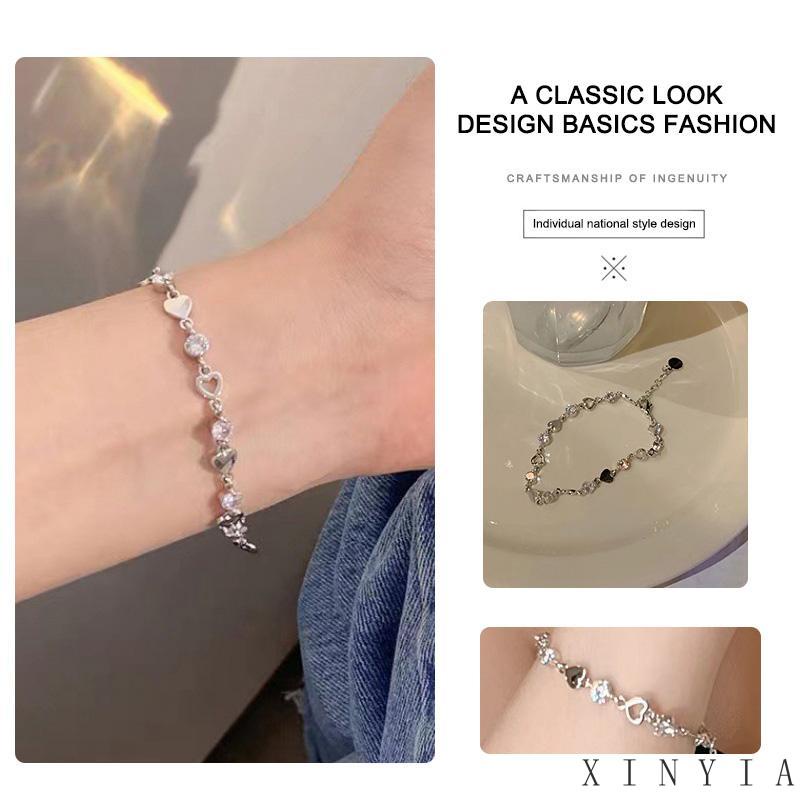 【Bayar di tempat】Gelang Kristal Hati Gelang Rantai Silver Simple Untuk Aksesoris Perhiasan Wanita