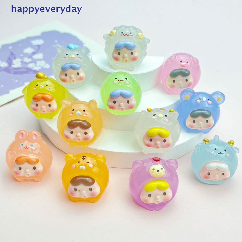 [happy] Kawaii Mini 2cm Resin Bercahaya Kartun Tanda Zodiak Cina Miniatur Patung [ID]