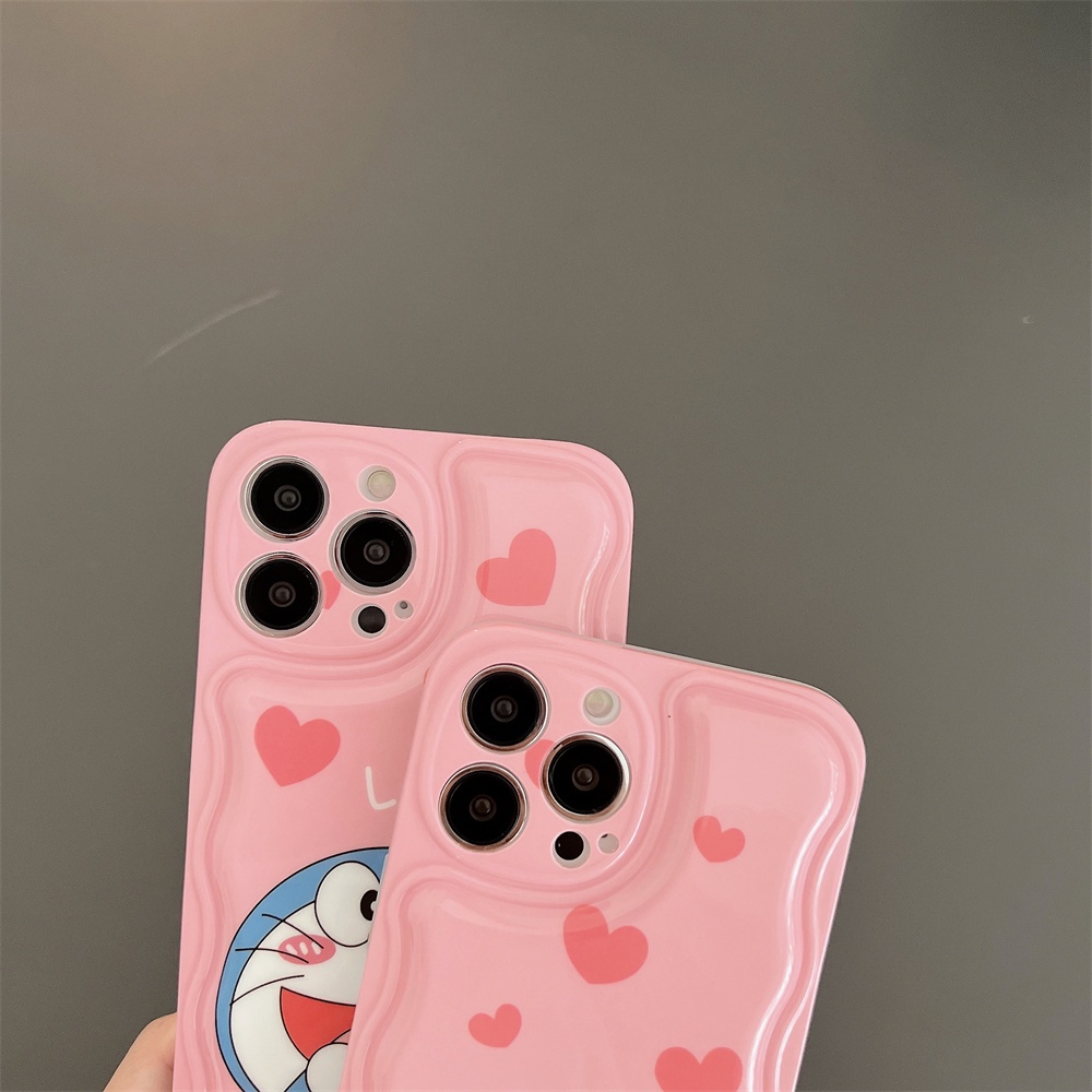 Doraemon Kucing Lucu Lembut TPU Silikon Penutup Belakang Warna Solid Curly Bumper Gelombang Casing Ponsel Untuk Apple IPhone 14 Pro Max11 13 12 14 Plus Perlindungan Kembali Transparan Shockproof Cover