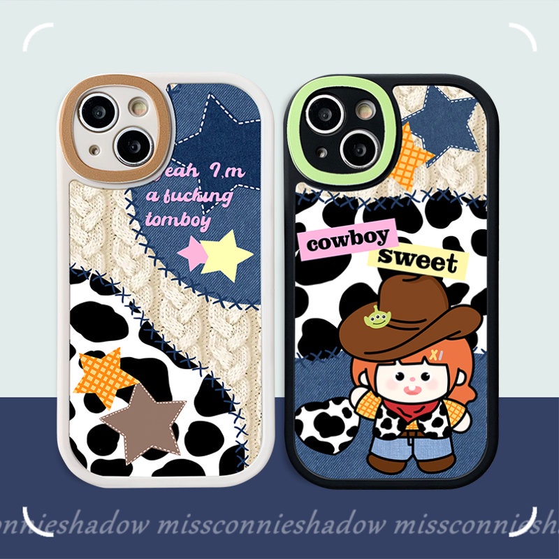 IPHONE Kartun Lucu Koboi Bintang Pasangan Ponsel Case Kompatibel Untuk Iphone11 14 Pro Max Xr7 6s 6 8 Plus X XS Max14 13 11 12 Pro Max SE 2020 Denim Patch Leopard Print Soft Tpu Back Cover