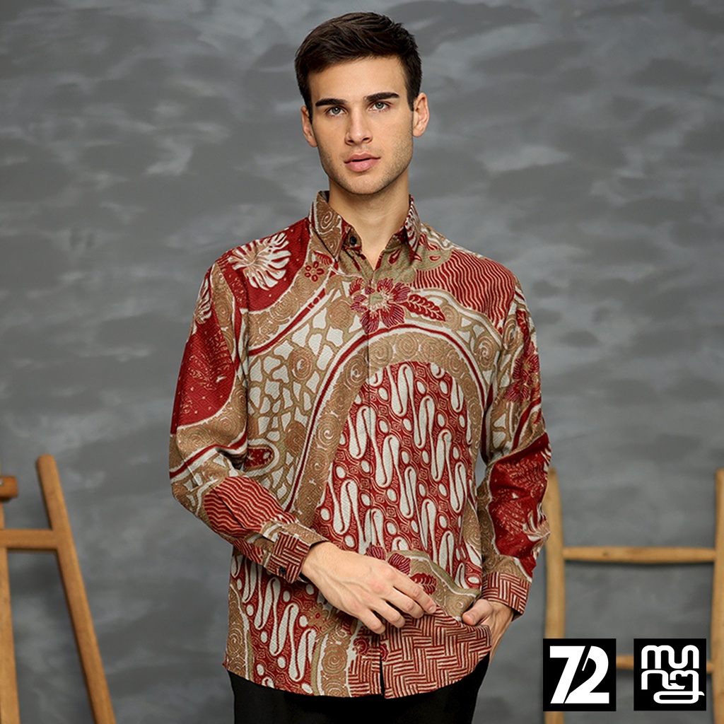 KEMEJA BATIK PRIA LENGAN PANJANG Kemeja Dobby Slimfit Motif Parang Roll Warna Merah Maroon 723442 Cap 72 - Baju Kemeja Atasan Pakaian Setelan Batik Pria Cowok Laki Laki Remaja Keluarga Kantor Lengan Panjang Modern Slimfit Slim Fit Premium Kekinian