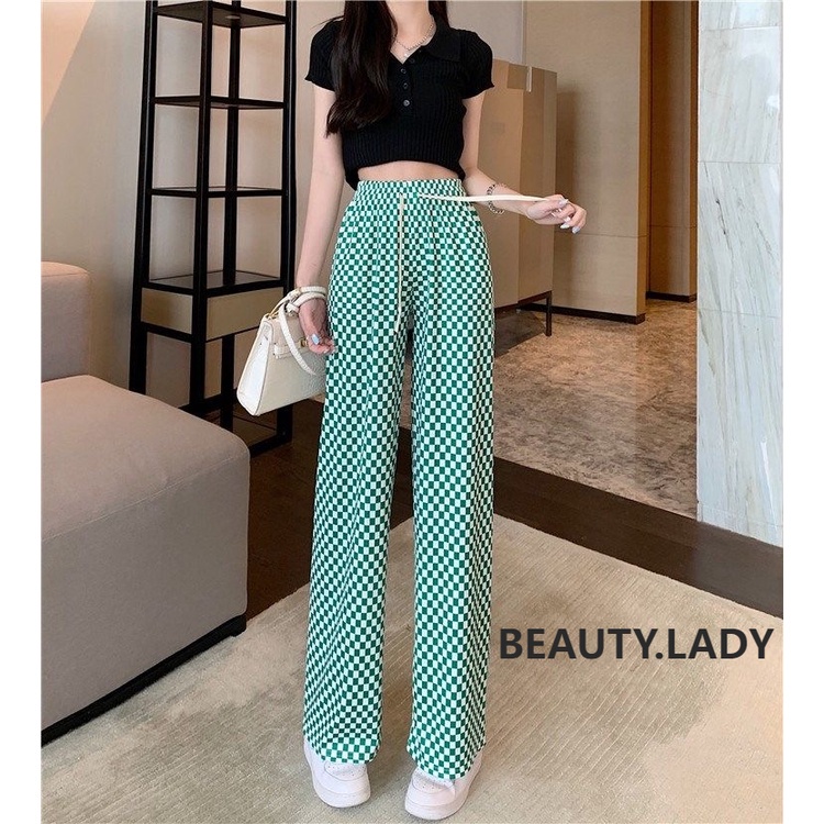 Celana kotak Kulot highwaist wanita Celana korea Pinggang elastis celana tartan KZ001