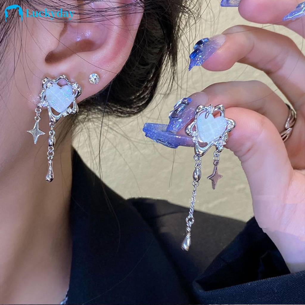 Yeezii Anting Tusuk Silver Pribadi Hati Bintang Rumbai Earings Untuk Perhiasan Aksesoris Wanita