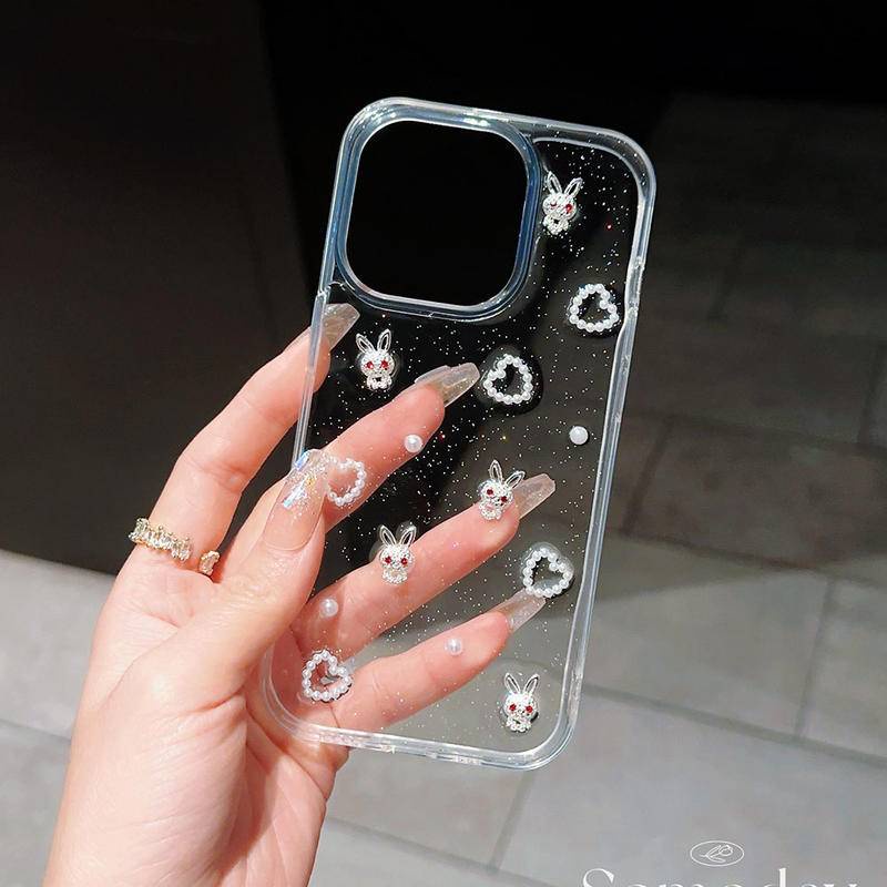 Soft Case Bening 3D Kartun Kelinci Mutiara Cinta Untuk Iphone14 13 12 11 Pro MAX Plus Mini Bling Transparan Cover Untuk iPhone X XS MAX XR 7 8 Plus SE 2022 2020