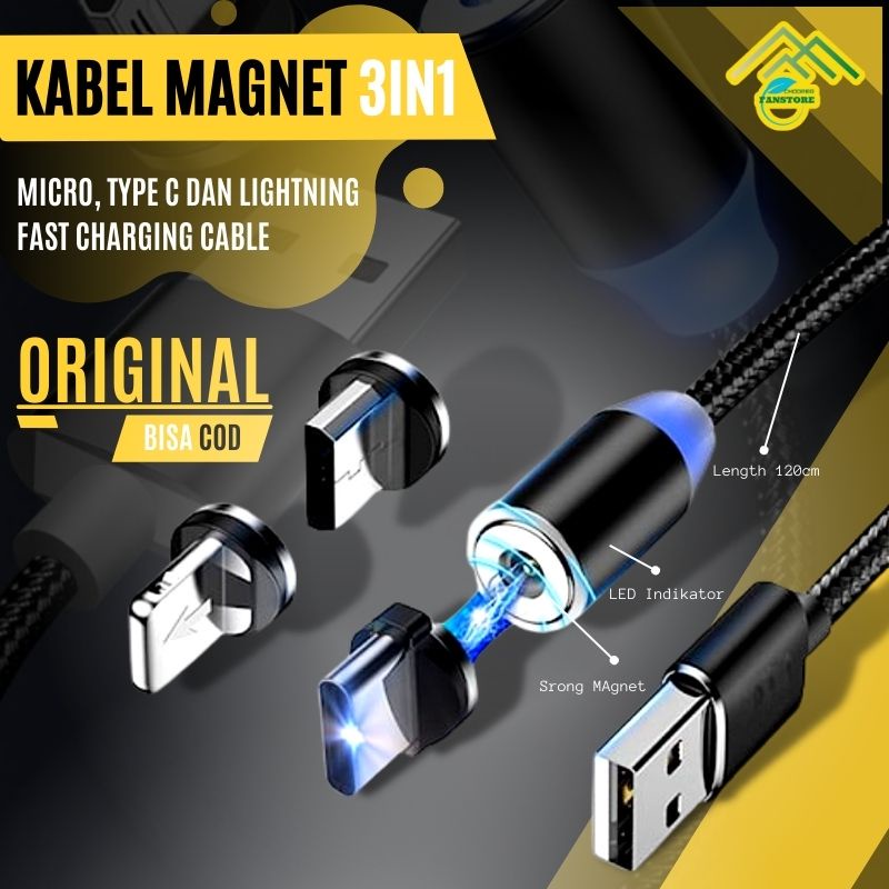 Kabel Data Charger Magnet 3 in 1 Kabel Cas HP Android Iphone IOS Micro Type C Lightning Fast Charging Cable Magnet CP11