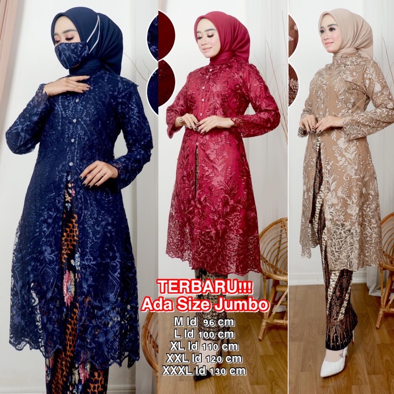 Kebaya Tunik Set Mutiara Kancing Depan- Kebaya Bahan Tule Tebal - Kebaya Kondangan - Kebaya Pesta - 