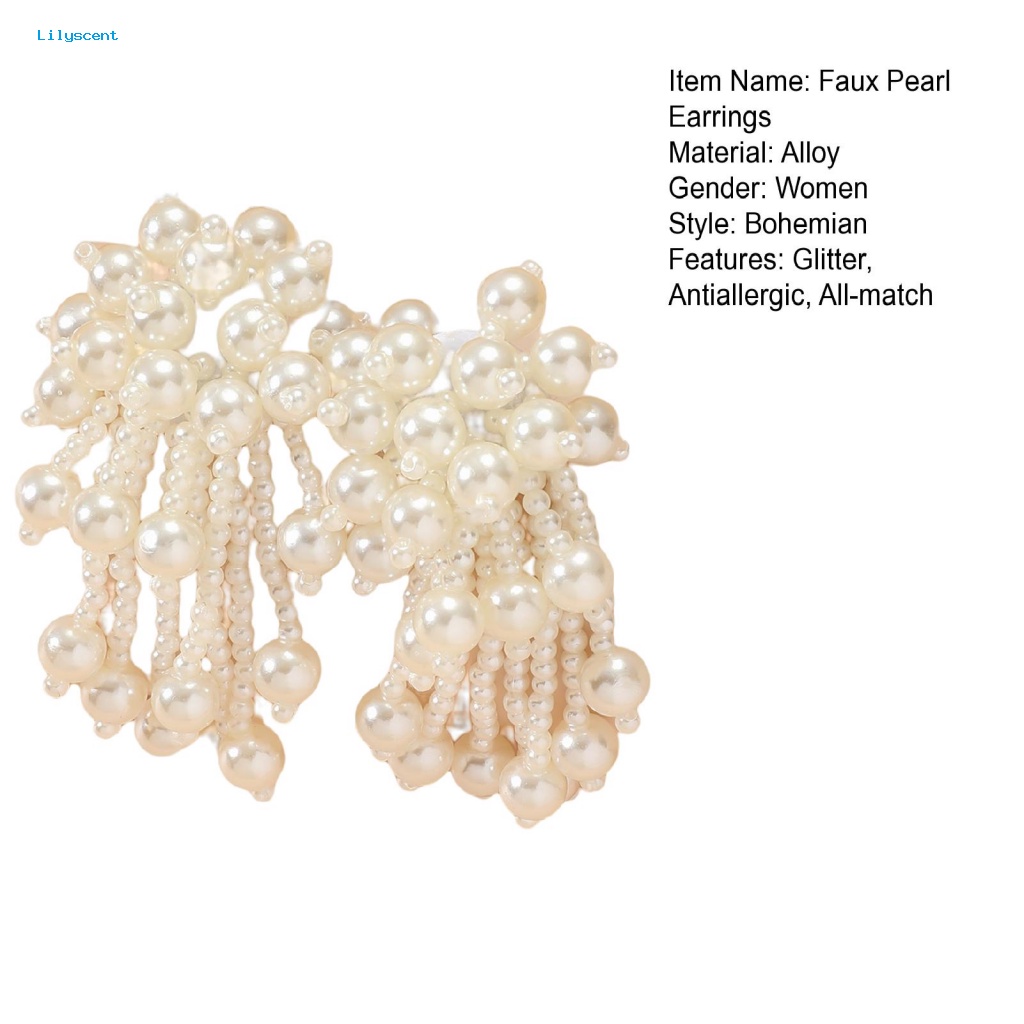 Lilyscent 1pasang Beige Drop Earrings Fashion Aksesoris Elegan Mutiara Imitasi Rumbai Stud Earrings Kepribadian