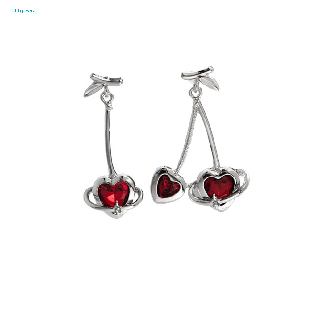 Lilyscent 1pasang Stud Desain Kait Anting Aksesoris Fashion Chic Cinta Hati Merah Berlian Imitasi Kait Anting All-match