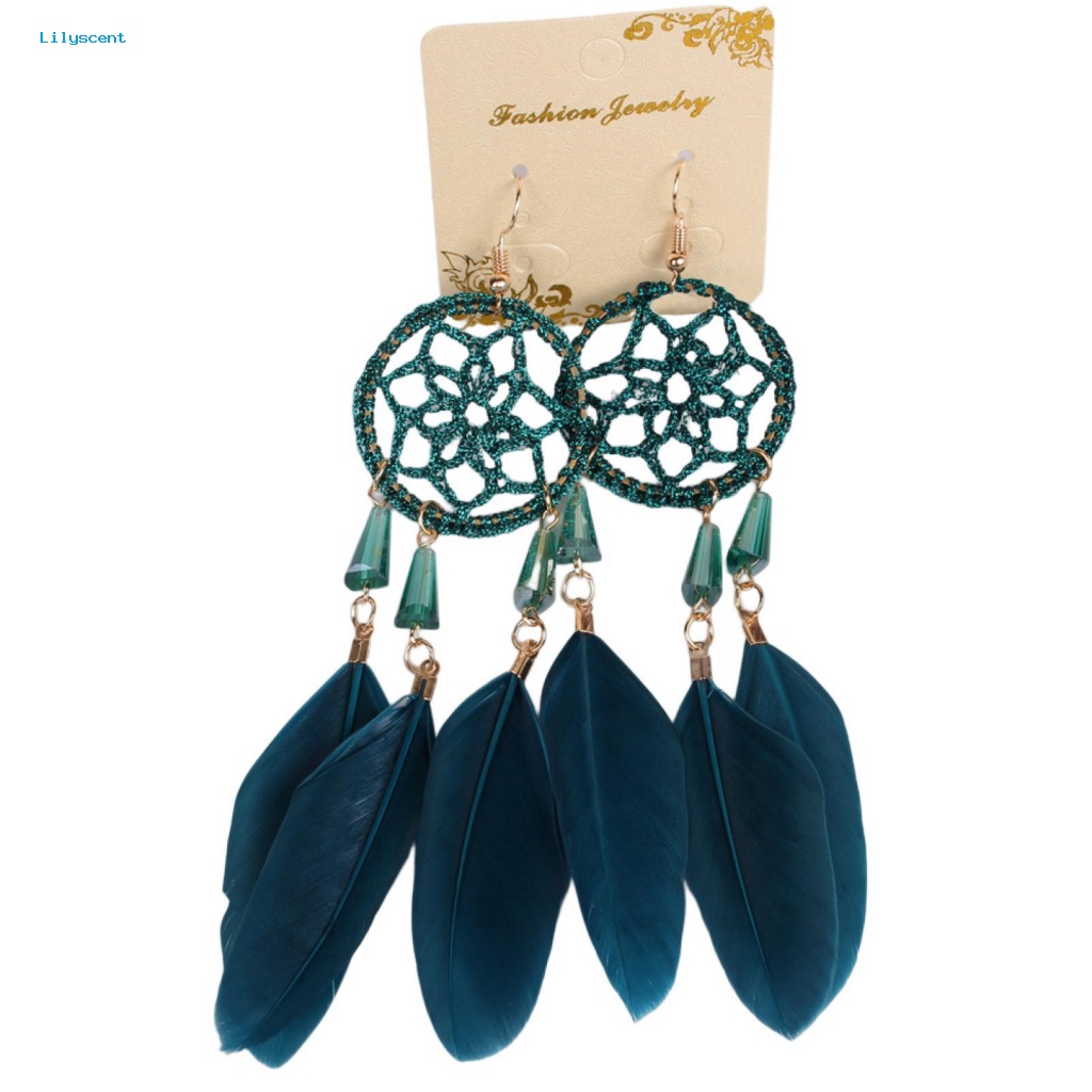 Lilyscent 1pasang Anting Kait Elegan Kostum Aksesoris Panjang Bulu Palsu Dreamcatcher Earrings Liontin