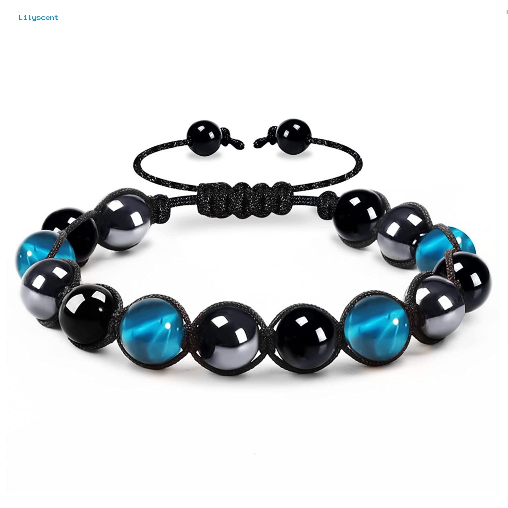 Lilyscent Gelang Manik-Manik Anti Luntur Perlengkapan Pesta Obsidian Hematite Pria Wanita Bracelet Glossy