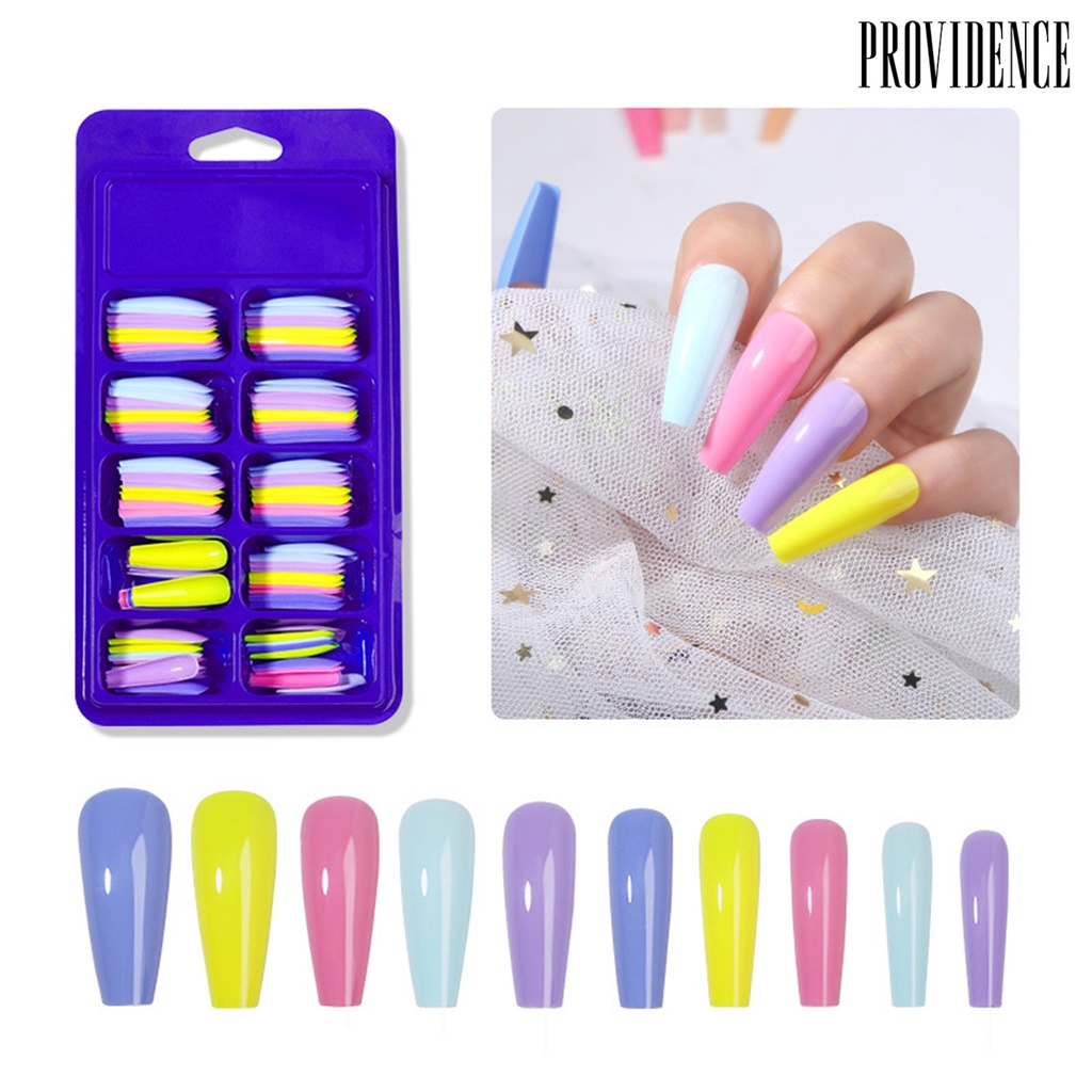 Providence 100Pcs/Box Faux Nail Patch Lipat Tanpa Jejak Bentuk T Panjang Penutup Penuh Warna-Warni Manicure Extension Fake Nail Tips Nail Salon Supply