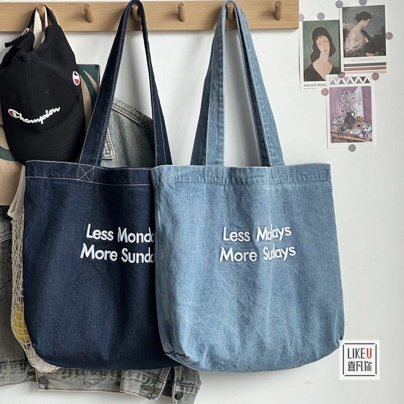 ◐▦∏Sera  Asli Bordir Gaya Korea Denim Dicuci Fashion Serbaguna Komuter Awal Delapan Satu Bahu Portabel Denim Tote Bag