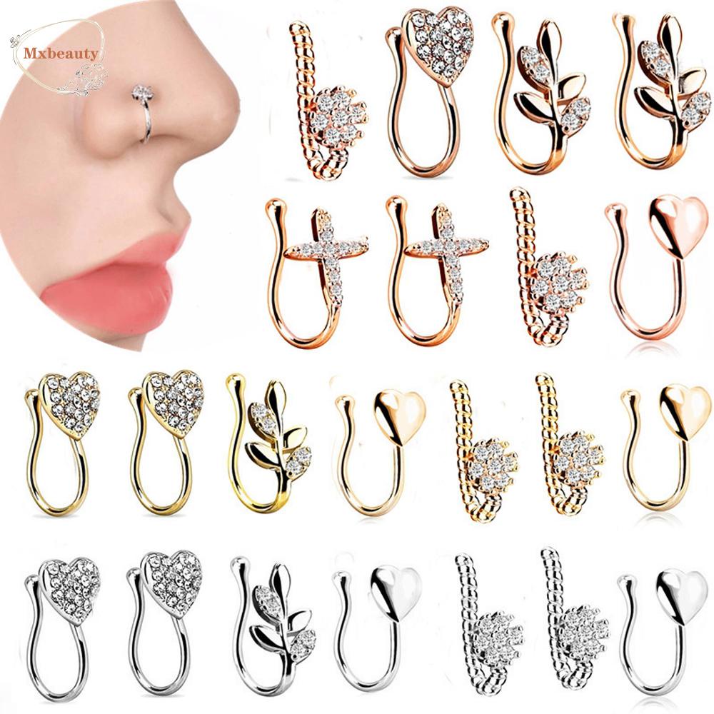 MXBEAUTY Fashion Jewelry Fake Nose Ring Men Crystal Nose Hoop Rings Women New Love Heart Fake Septum Stainless Steel Fake Piercing Nose Clip