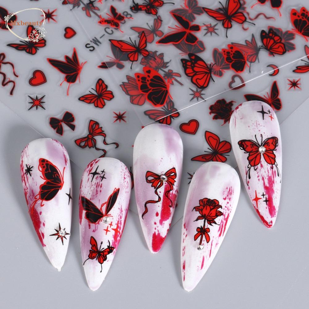 Mxbeauty Stiker Kuku Kupu-Kupu Wanita Korea Love Hati Gelap Gaya Bintang Hiasan Kuku