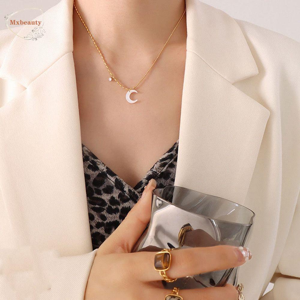 Mxbeauty Kalung Liontin Bulan Kepribadian Mewah Sederhana Rantai Asimetris Shell Putih Wanita Kalung Dimond Zirkon Gaya Korea Kalung