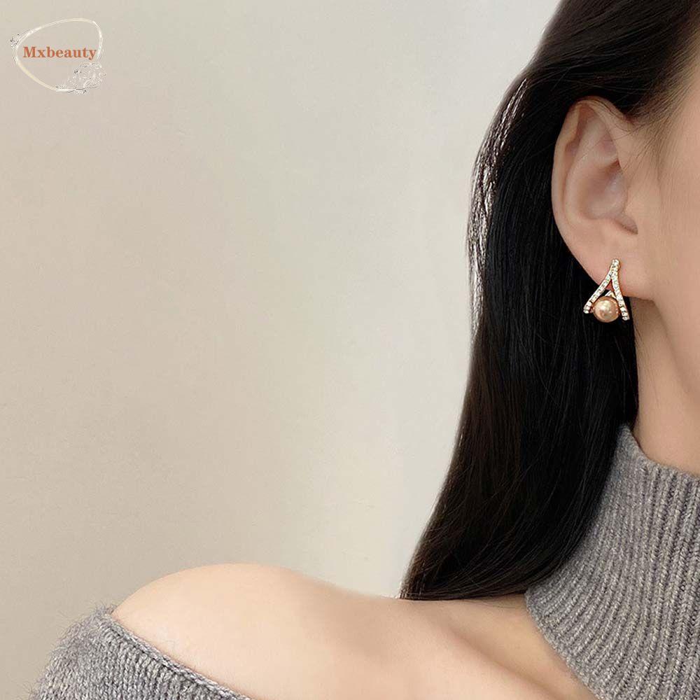 Mxbeauty Anting Mutiara Manis Geometri Sederhana Segitiga Berlian Imitasi Wanita Anting Pejantan Anting Perempuan