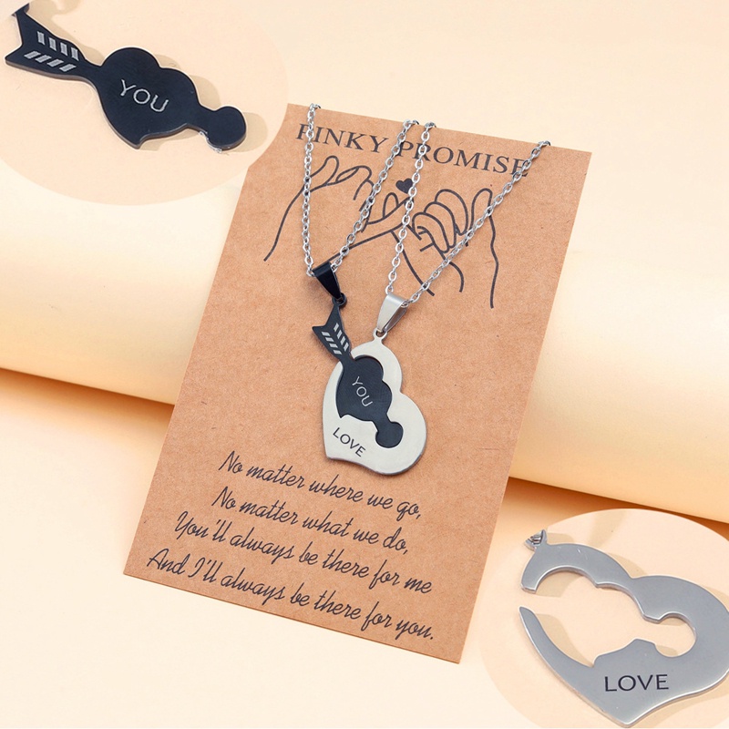 2pcs Love You Kalung Anti Karat Perempuan Cinta Kunci Berongga Tulisan Pasangan Splicing Liontin