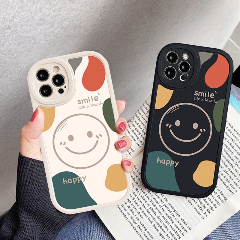 IPHONE Casing Ponsel Pasangan Senyum Bahagia Sederhana Kompatibel Untuk Iphone7 8 6s 6 Plus XR 12 13 11 14 Pro Max XS Max X SE 2020 Kartun Indah Shockproof Soft Tpu Back Cover