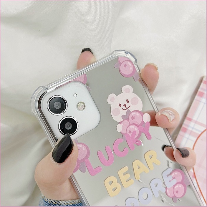 [Anti Jatuh Cermin] Pretty Silver Makeup Silikon Soft Case IPhone 6S 7 8 Plus X XR XS Max IPhone 11 12 13 14 Pro Max 14 Plus 7+8+12 13 Mini Wanita Cewek Lucu Tomat Blueberry Bear