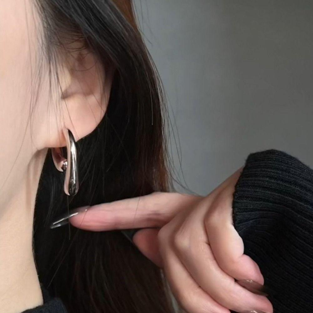 NEEDWAY Korea Ear Studs Silver Pesta Trendi Tembaga Aksesoris Telinga Warna Murni Gesper Telinga Berbentuk U Sederhana