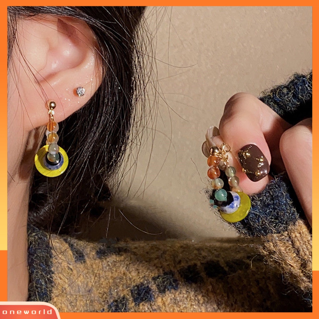 [EONE] 1pasang Ear Studs Vintage Gaya Etnik Manik-Manik Berwarna Electroplating Glossy Dress Up Hypoallergenic Alloy Hoop Stud Menjuntai Anting Fashion Perhiasan