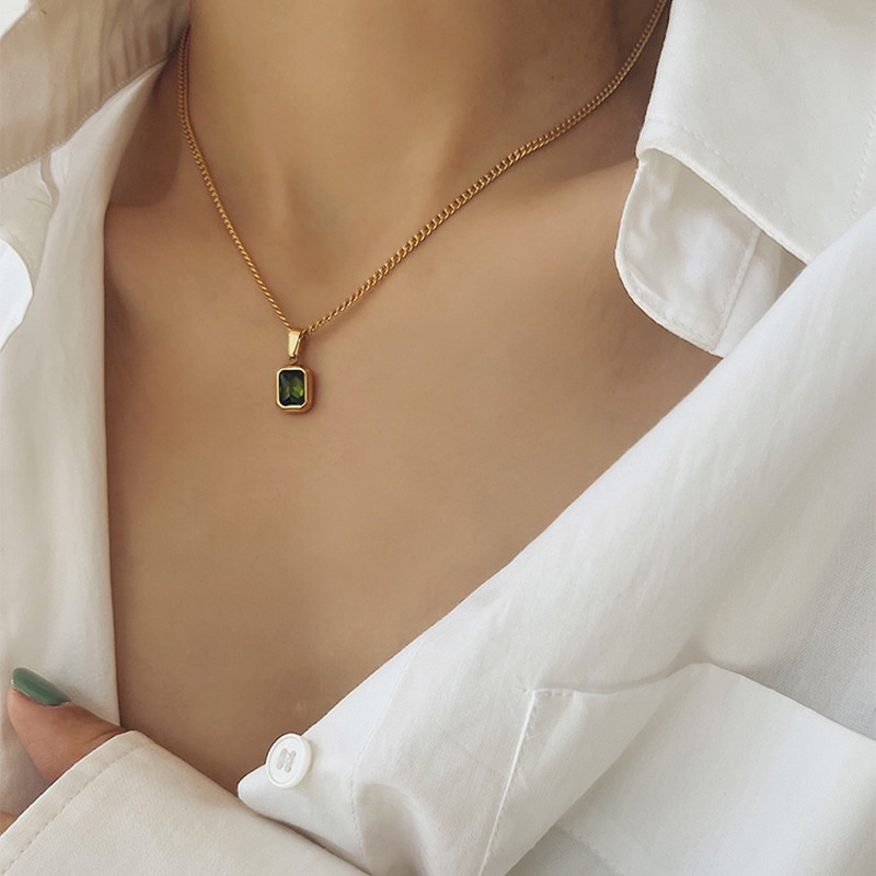 Gaya Korea Singkat Mewah Fashion Persegi Hijau Zirkon Kalung Retro Mini Zamrud Liontin Klavikula Rantai Untuk Wanita Hari Valentine Pernikahan Pertunangan Perhiasan Hadiah