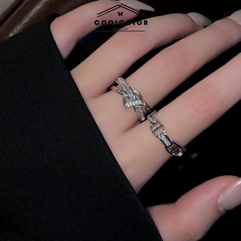 COD❤️2Pcs/Set Cincin Huruf D Desain Wanita Kepribadian Mode Cahaya Mewah Terbuka- cl